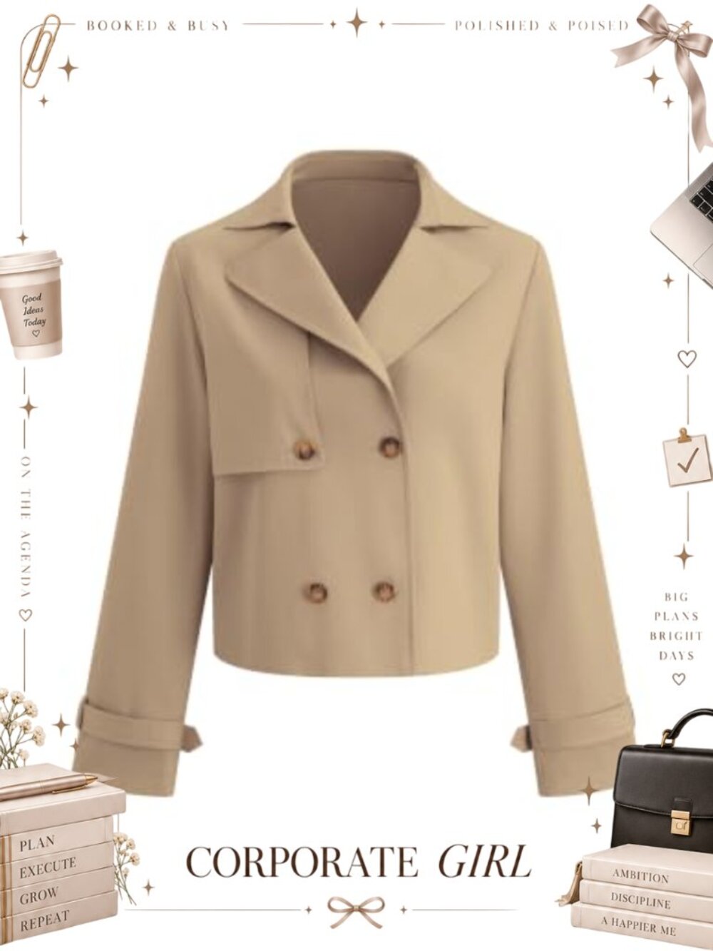Women's Cropped Trench Coat Double Breasted Short Pea Coat Loose Fit Lightweight